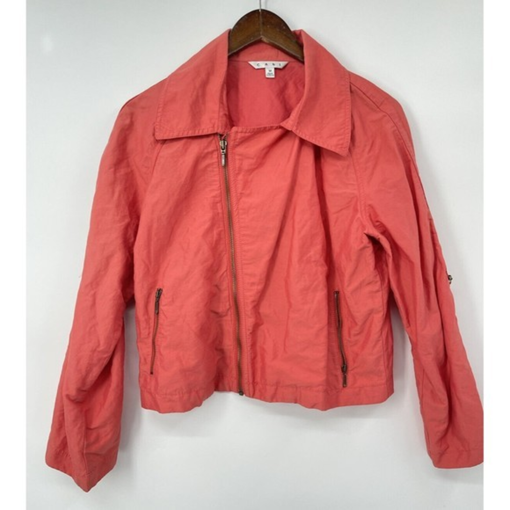 Cabi Medium Zip Up Jacket Womens Coral Pink 913 Roll Tab Sleeve Lightweight Moto